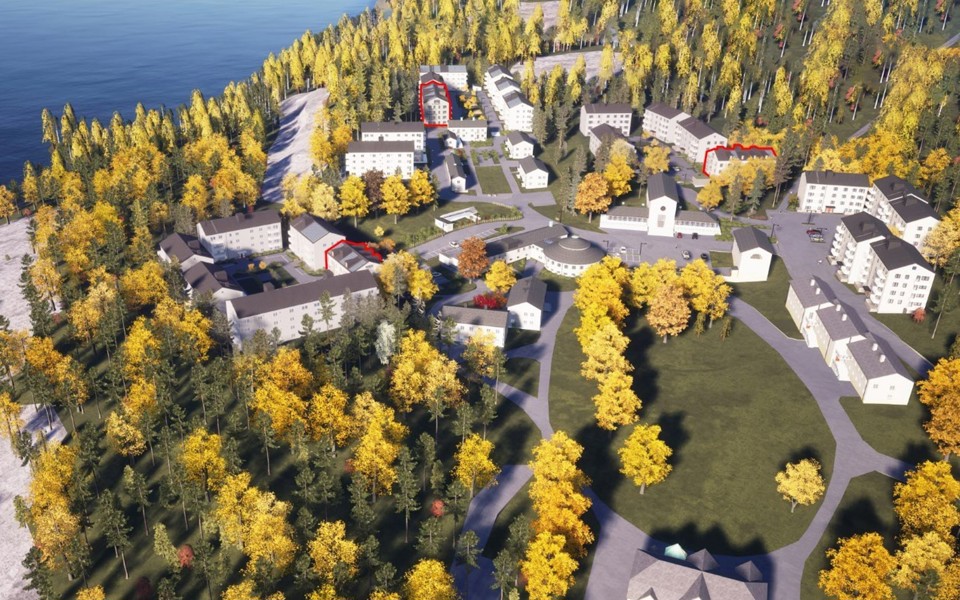 En flygbild över ett tre områden med vita flerbostadshus i en skog med höstfärger. Illustration.